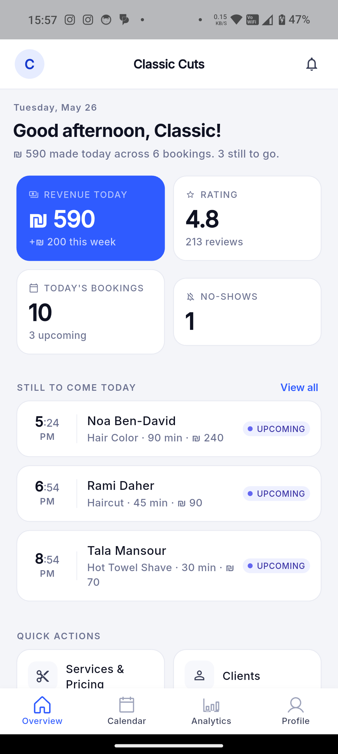 Dorak — owner dashboard with daily revenue, rating and clients