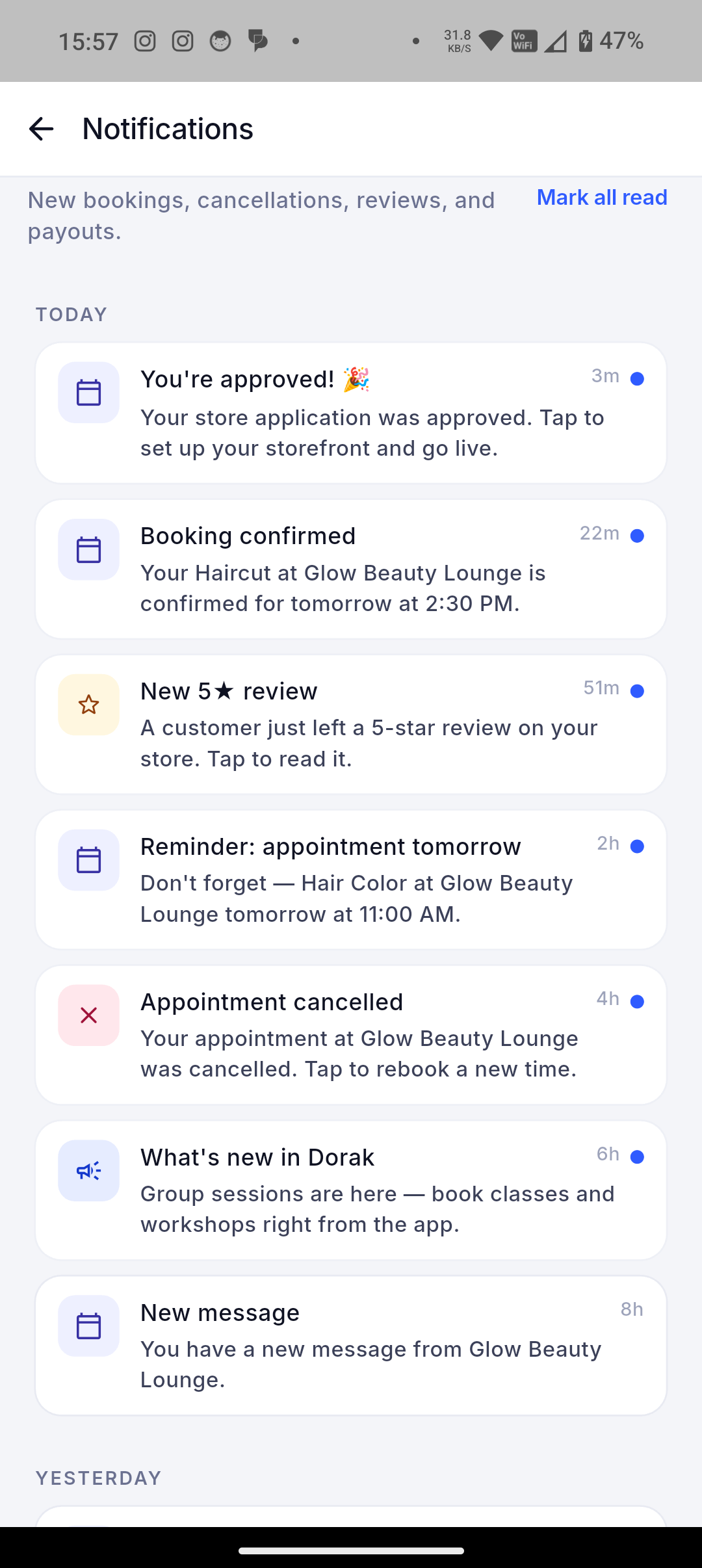 Dorak reminders and notifications screen